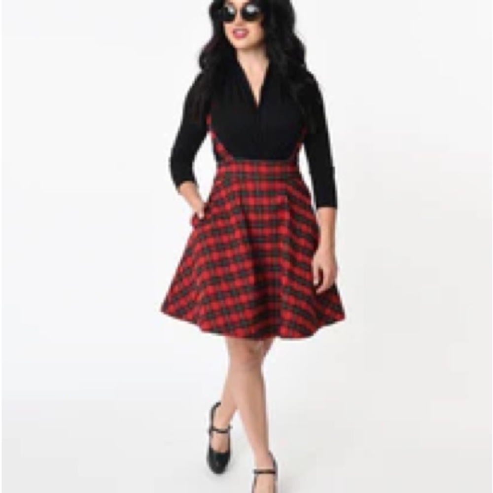Unique Vintage-Plaid Red Women's Suspender Skirt-size 10/12